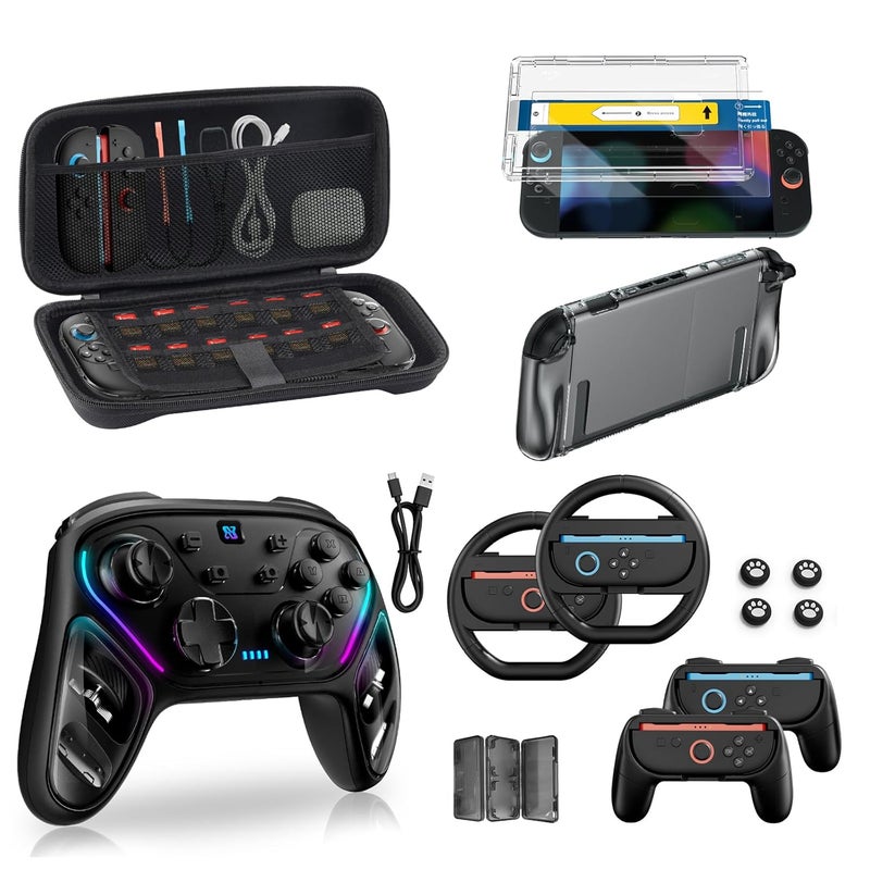 BINBOK Pro Controllers Accessories Bundle for Nintendo Switch 2 18-in-1: Carrying Case, Screen Protector, Thumb Grip for Joycon, Dockable Console Protective Cover Shell, Steering Wheel, 2025 Switch2 Game Kit (Black Controller (Advanced)) - Image 1